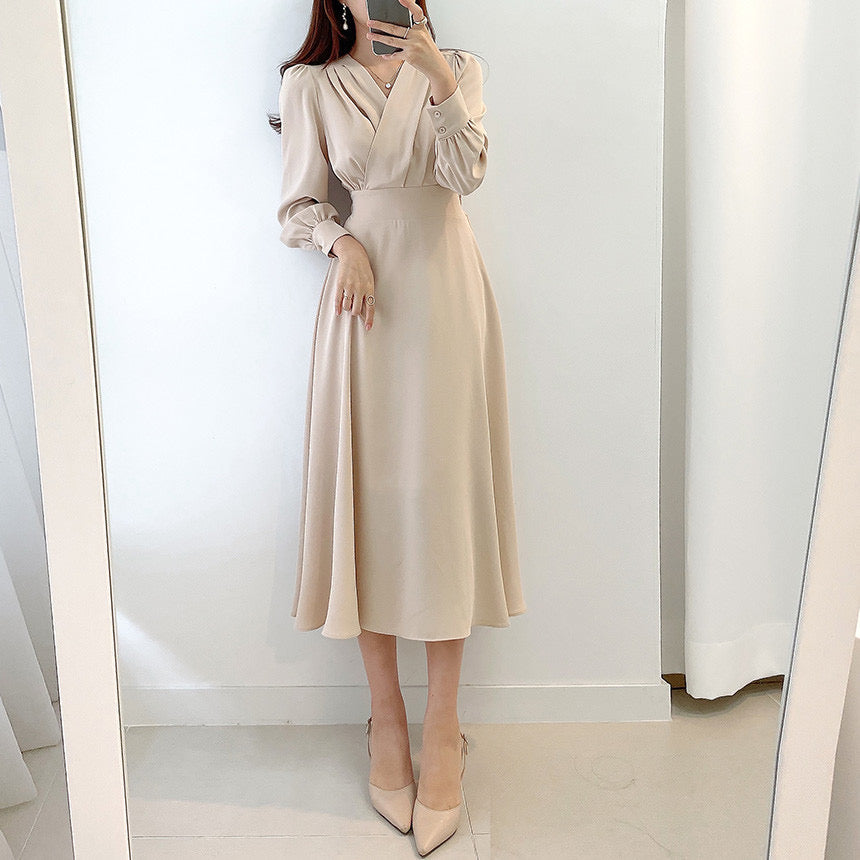 Elegant Light And Familiar V-neck Waist Puff Sleeve Dress