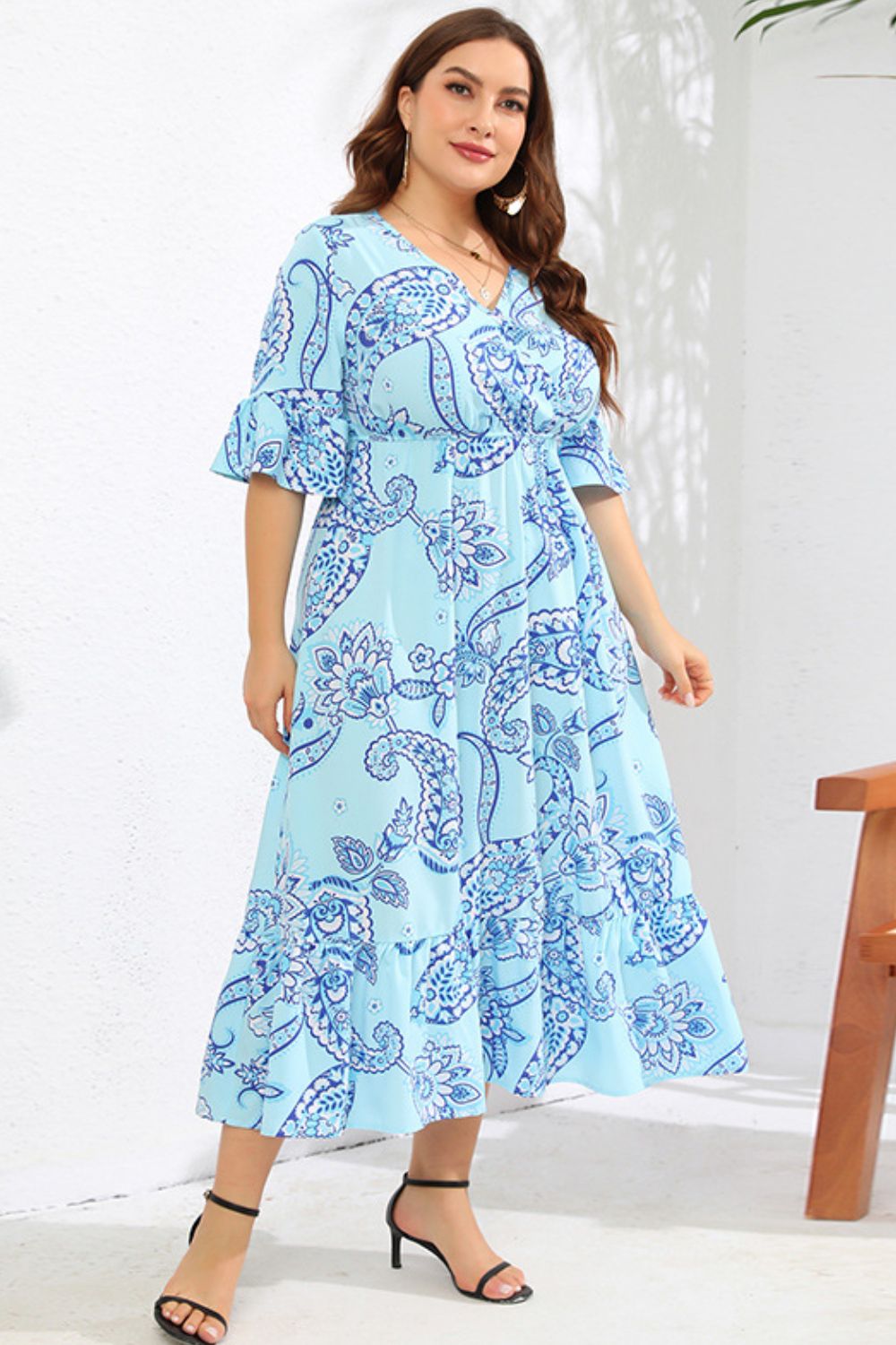 V-Neck Flounce Sleeve Midi Dress